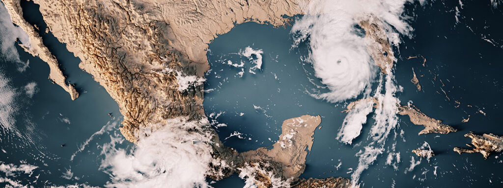 a 3D topographic map of Mexico and the Southern United States with clouds from September 26, 2024, showing Category 4 Hurricane Helene approaching the Gulf Coast of Florida, as the Pacific Category 3 Hurricane John makes landfall on Southwestern Mexico