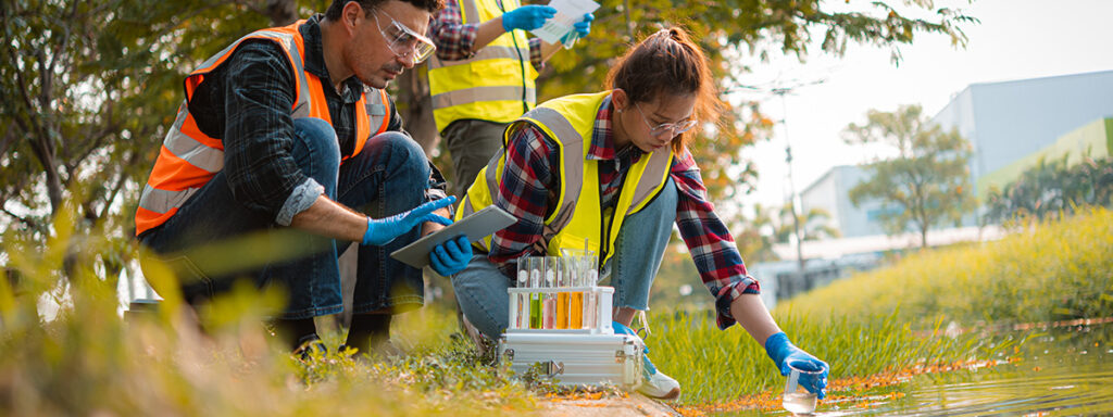 a science research team collect water samples for analysis and research on water quality and environmental health