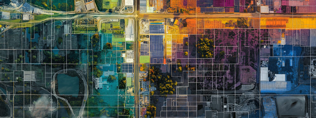 A map showing health equity within a city, showcasing disparities in access to healthcare, green spaces, and healthy food with  color overlays