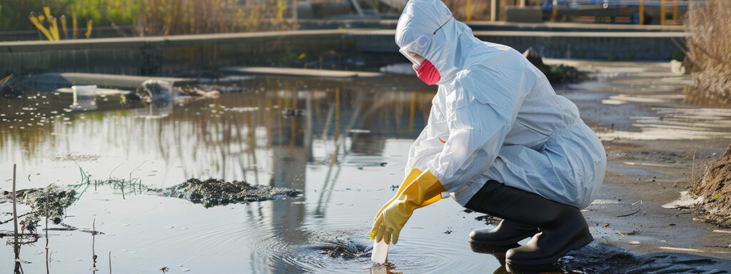 A scientist clad in protective gear takes a water sample from an industrial area, for pollution monitoring and environmental safety concerns