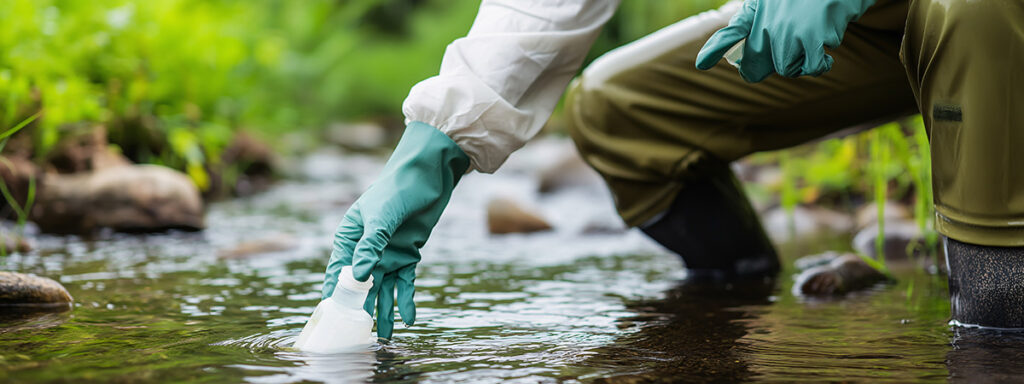 a scientist collects a water sample from a stream, dressed in protective gear, to conduct important research on environmental health